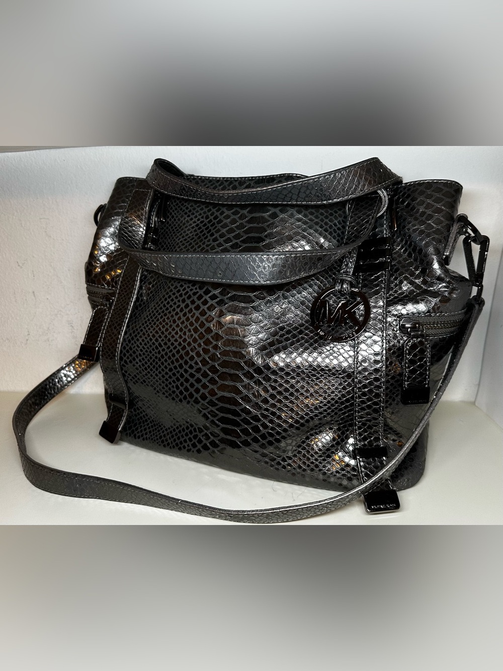 Michael Kors Glossy Black Snake-Embossed Shoulder Bag